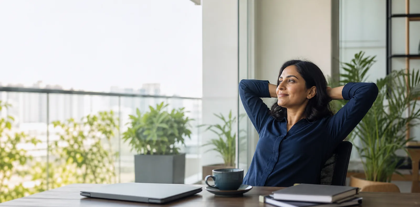 Relaxed business owner after completing compliance work