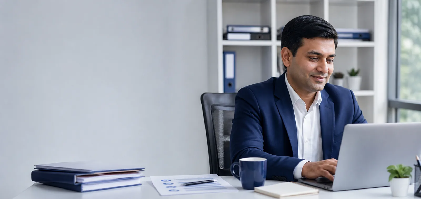 Business professional working confidently in an organised office