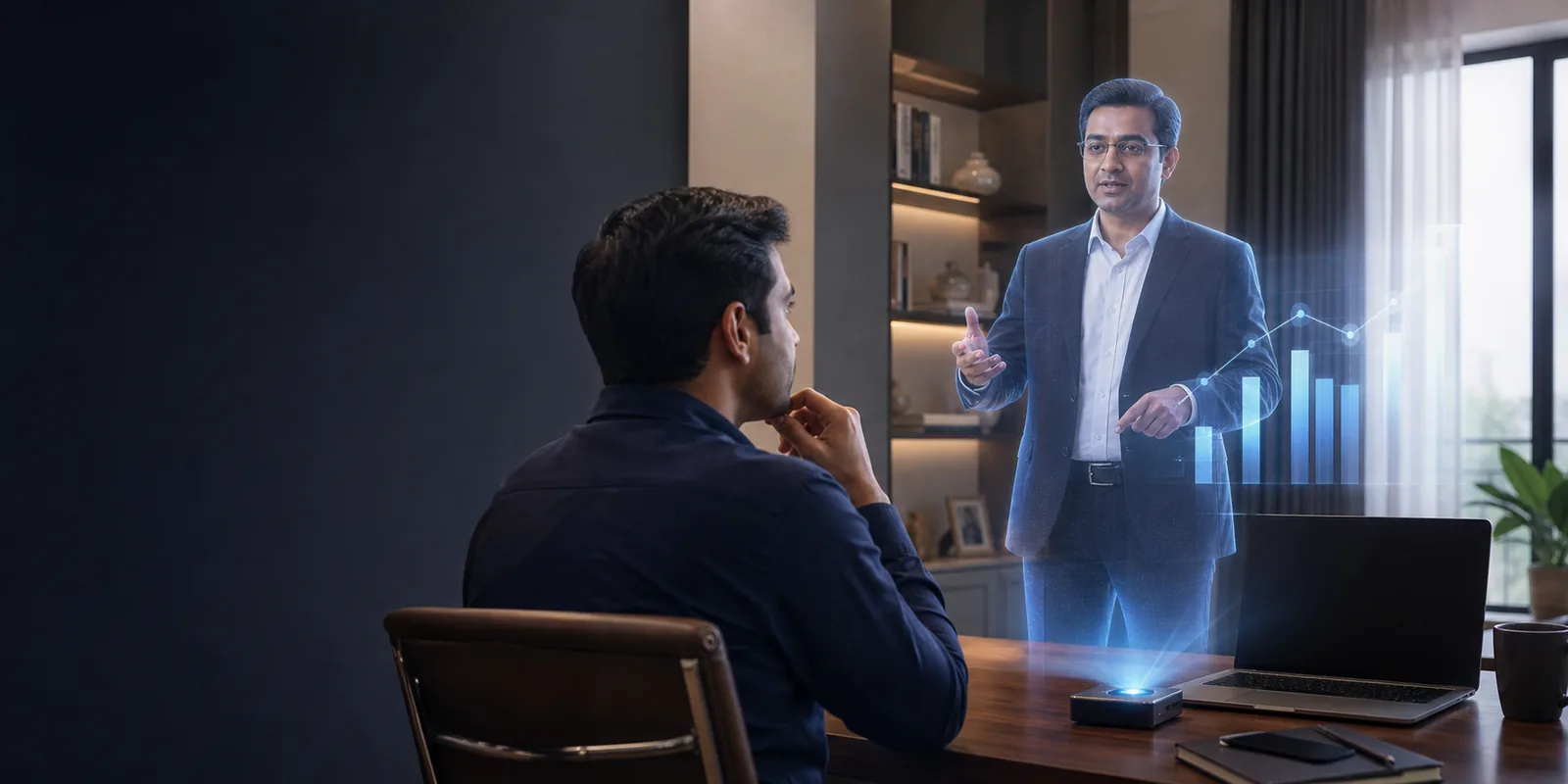 Client consulting with a life-size AI-enabled virtual chartered accountant